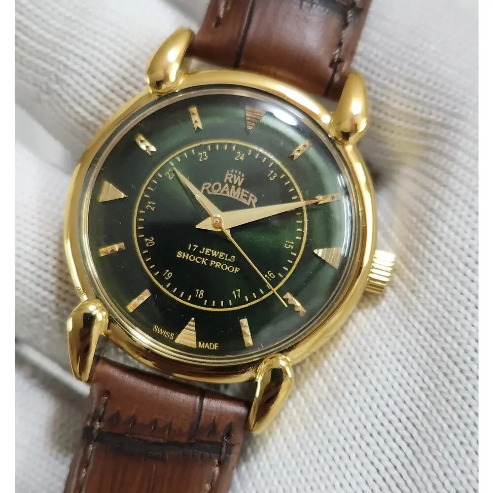 Vintage 1981 Roamer Manual Mens Gold Watch W/Leather Strap & Green accents